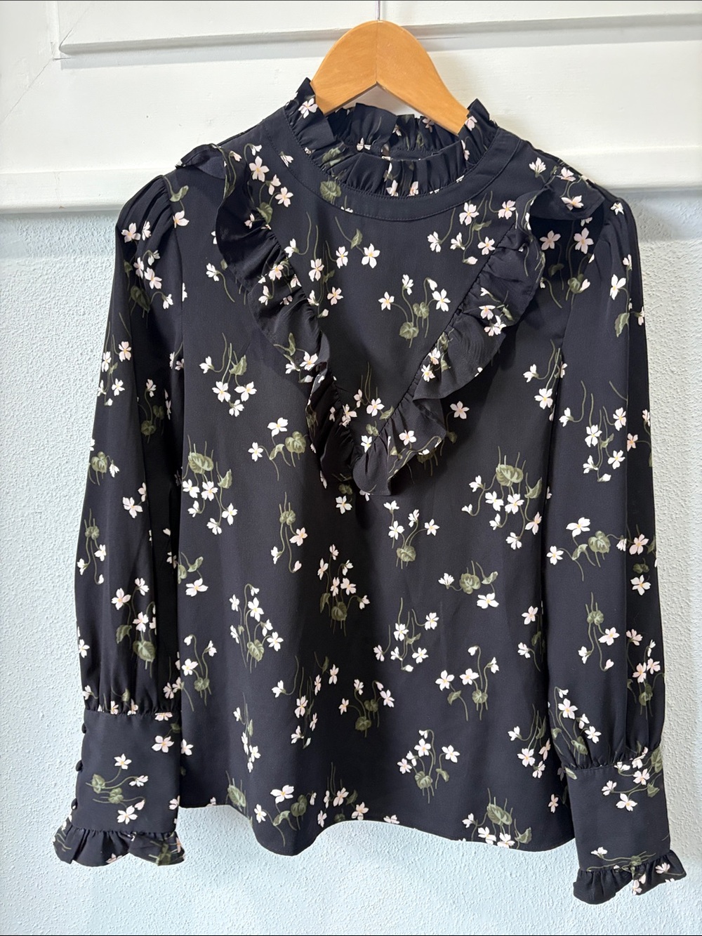 Ann Taylor Black Floral Ruffle-Trim Blouse